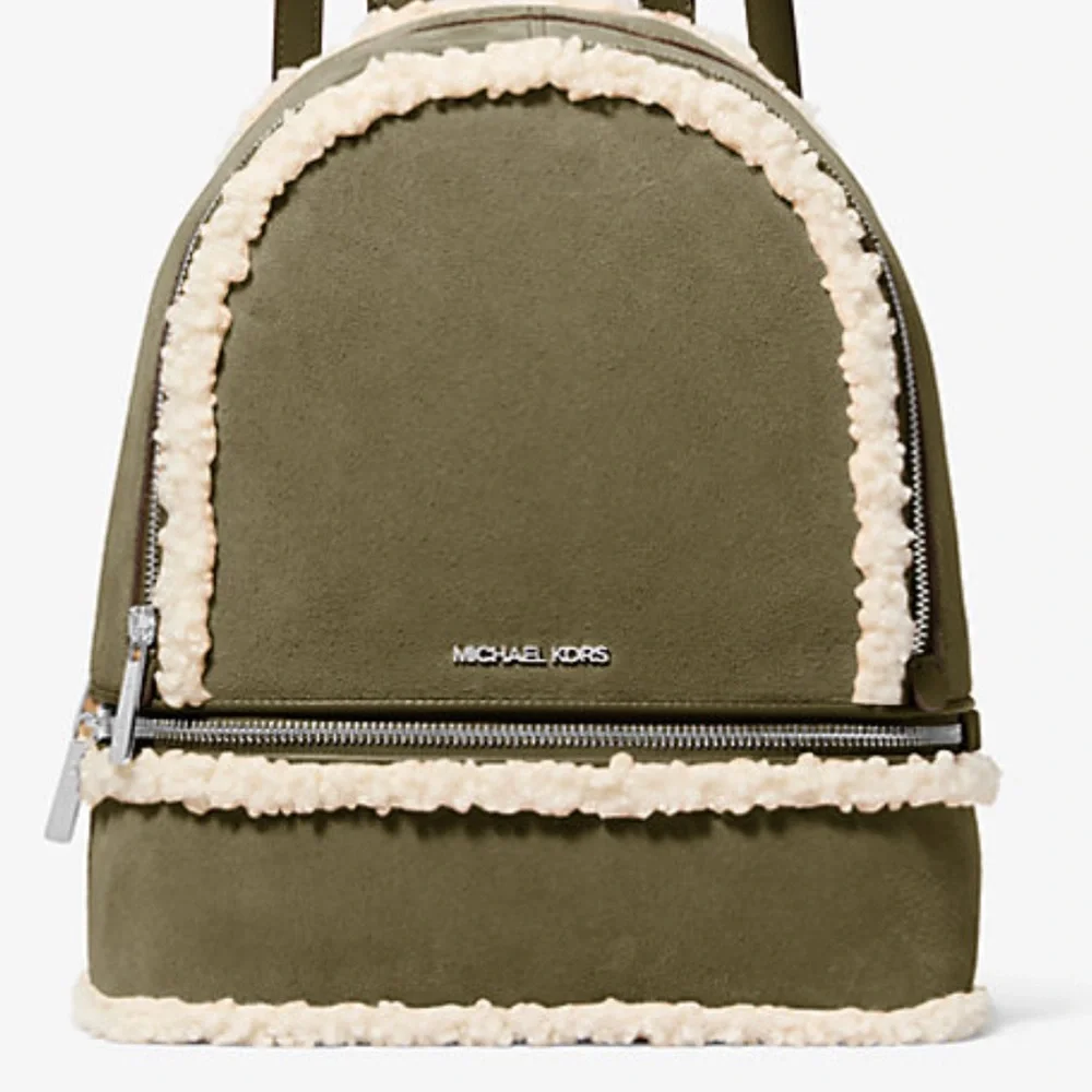 MICHAEL KORS Rhea Medium Suede and Faux Shearling Backpack Olive NWT